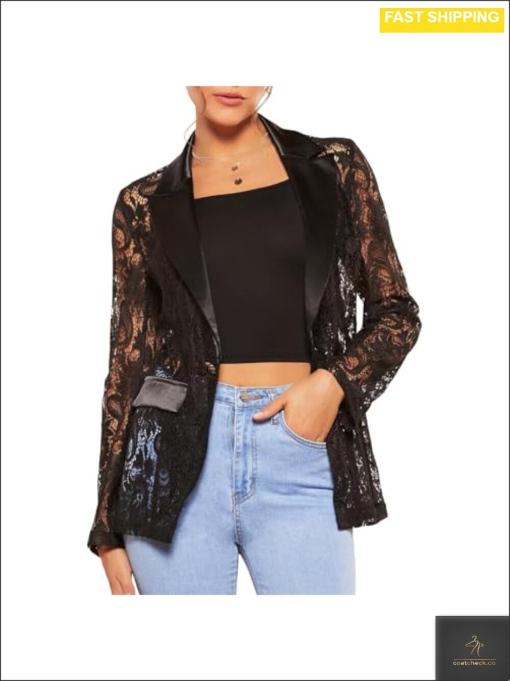 Floral Lace Blazer Single Button Sheer Mesh Jacket